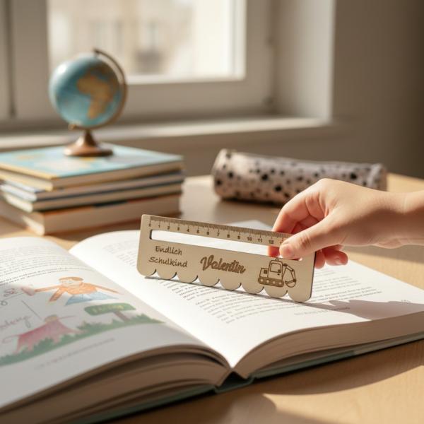 Personalisierbares Leselineal aus Holz als Geschenkidee in einer Schultüte platziert.